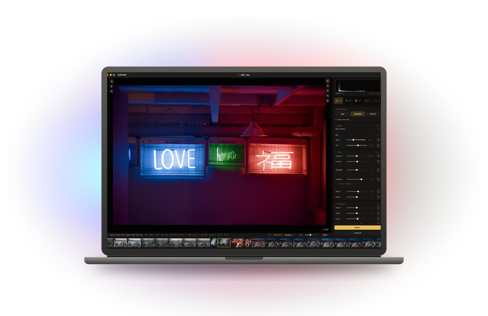 Chili RAW on a MacBook, developing a photo of neon signs