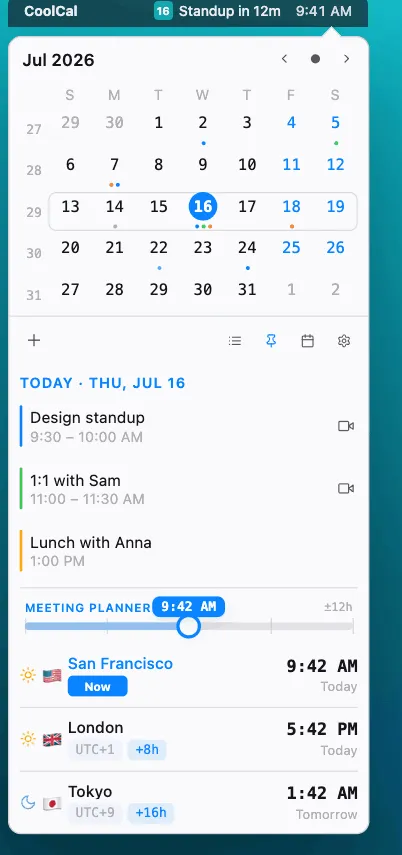 CoolCal agenda for today with world clocks below