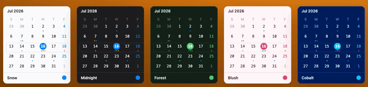 Five CoolCal themes side by side: Snow, Midnight, Forest, Blush and Cobalt