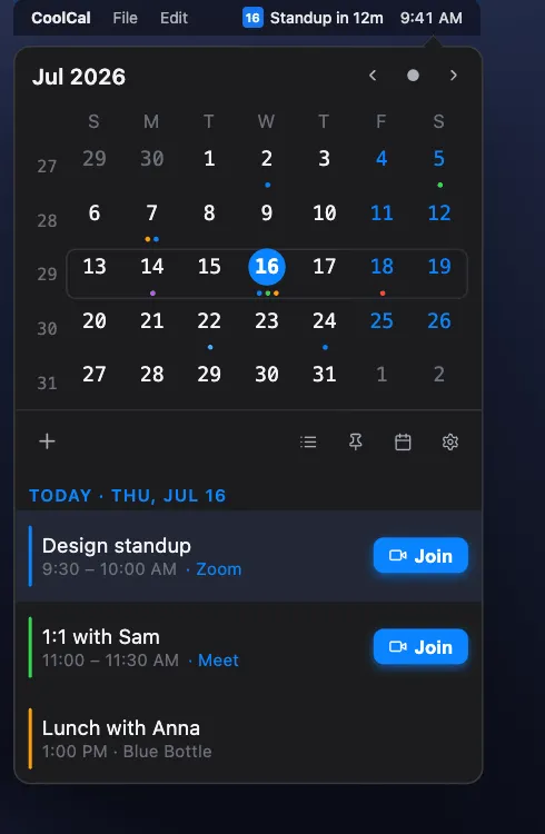 CoolCal popover in the Midnight theme with Join buttons on meetings