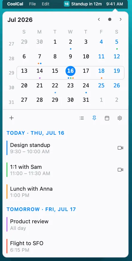 CoolCal popover in the Snow theme: month grid and today’s agenda