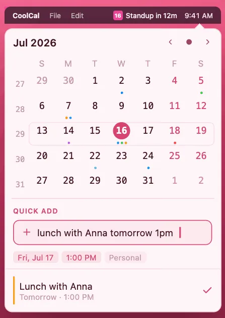CoolCal quick add turning “lunch with Anna tomorrow 1pm” into an event