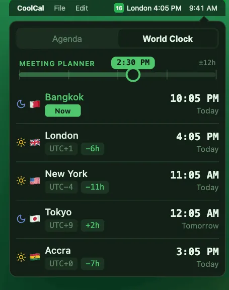 CoolCal world clocks for five cities with a meeting planner slider