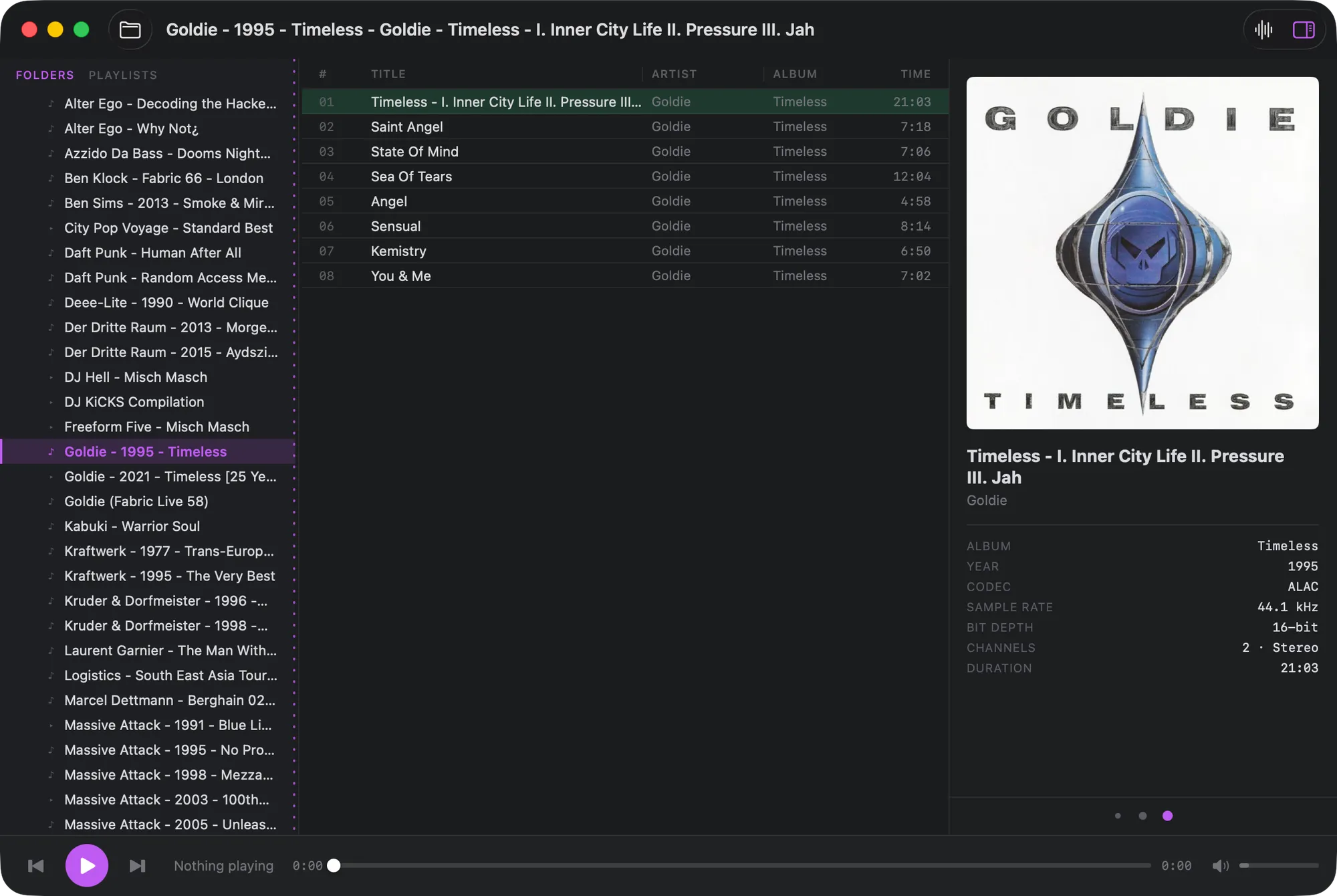 Konpo’s main window: the music folder tree on the left, an album’s tracks in the middle and its cover art on the right