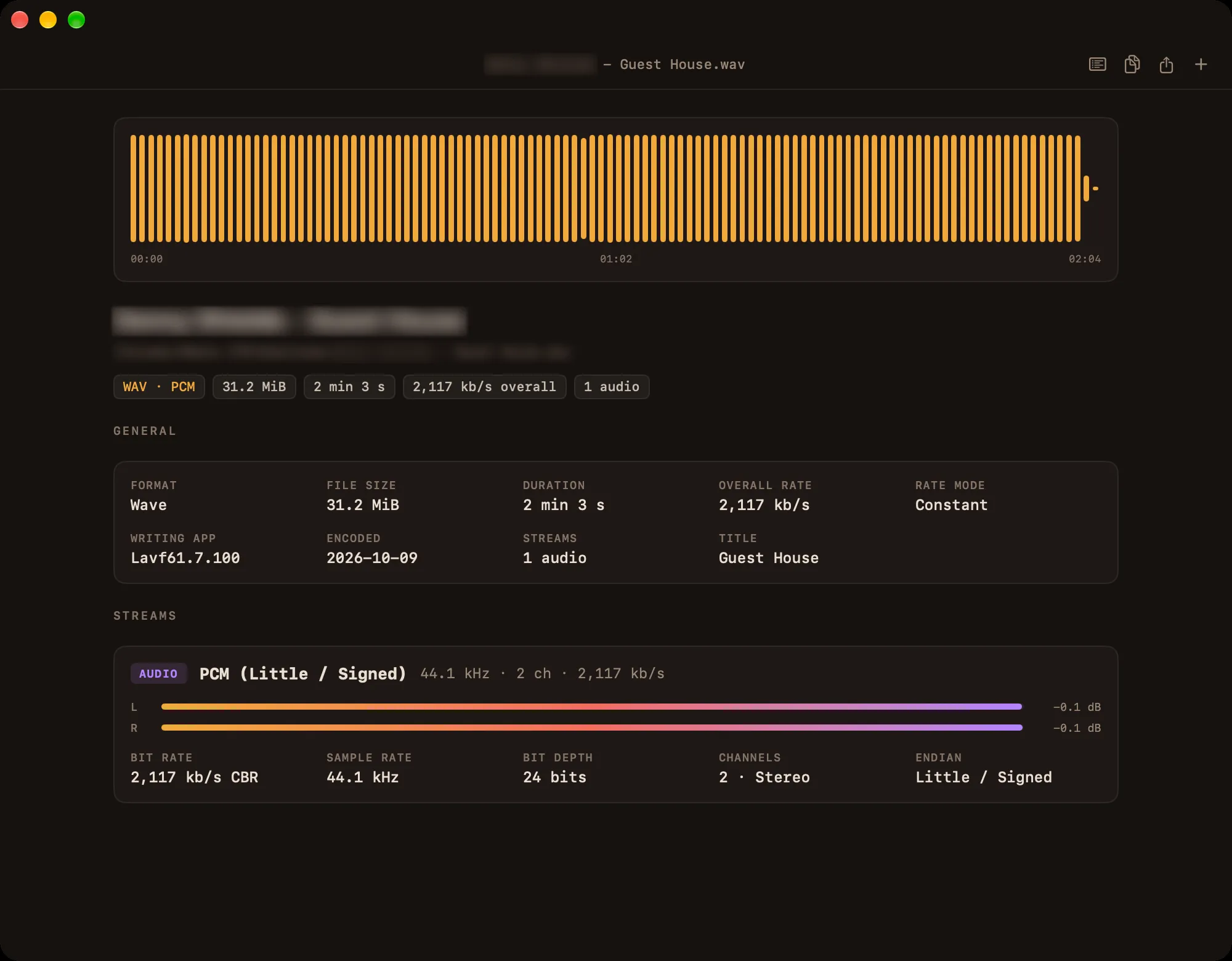 Media Spy showing an audio file with its full-track waveform and per-channel level meters