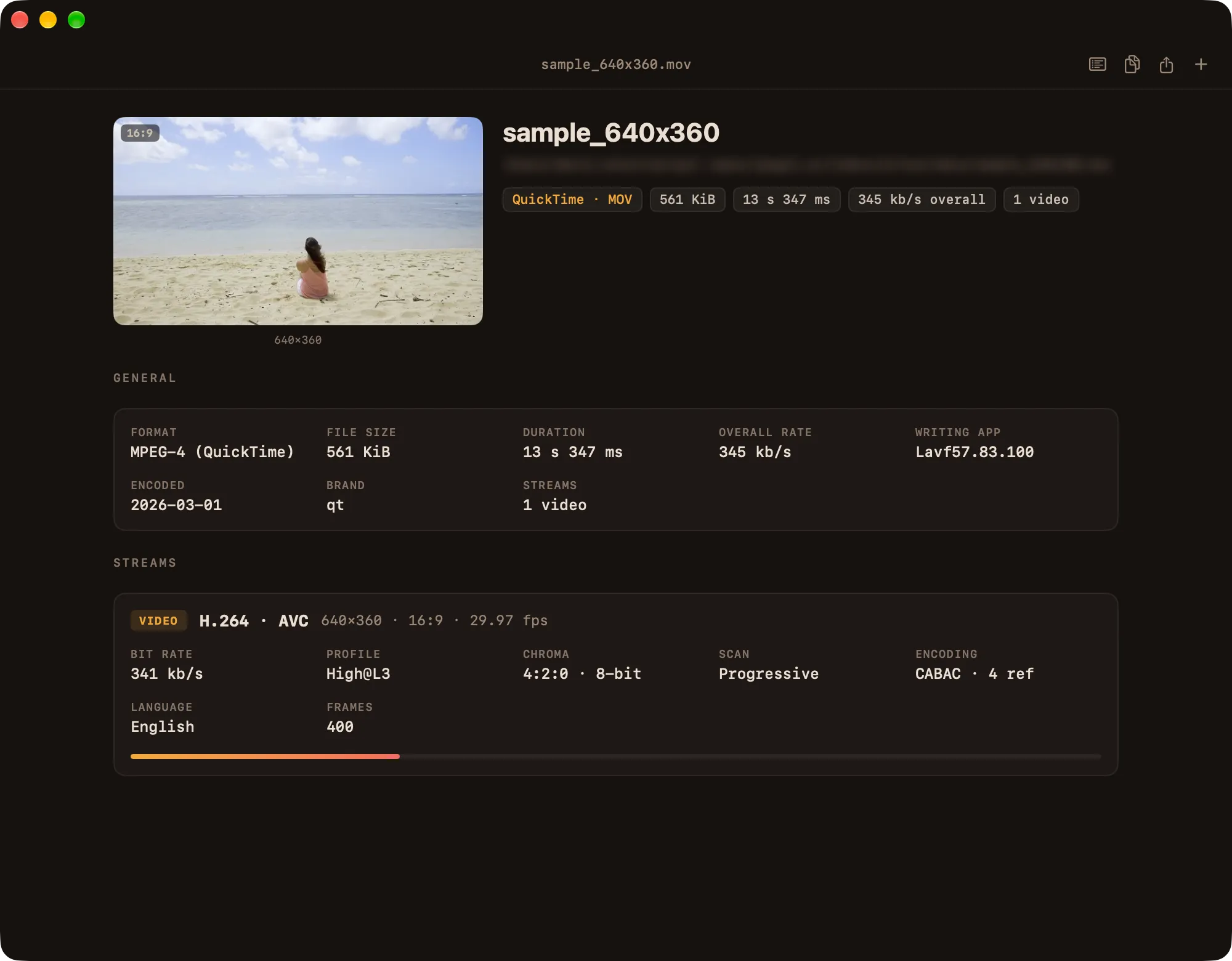 Media Spy showing a QuickTime video: a preview frame, general details and the H.264 video stream with bit rate, profile and chroma