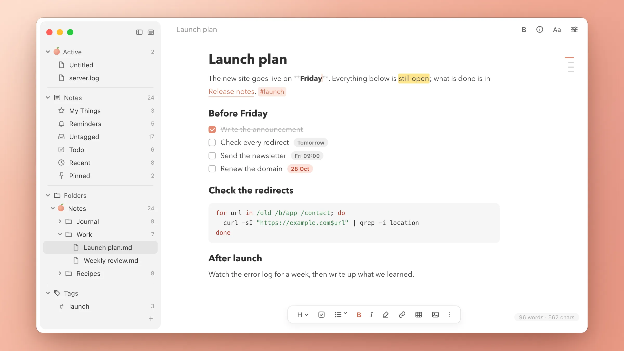 Das Fenster von momo im Theme Paper: Active-Notizen, intelligente Listen, Ordner und Tags in der Seitenleiste, daneben eine Notiz mit Überschrift, Aufgaben mit Datums-Pills und einem Codeblock
