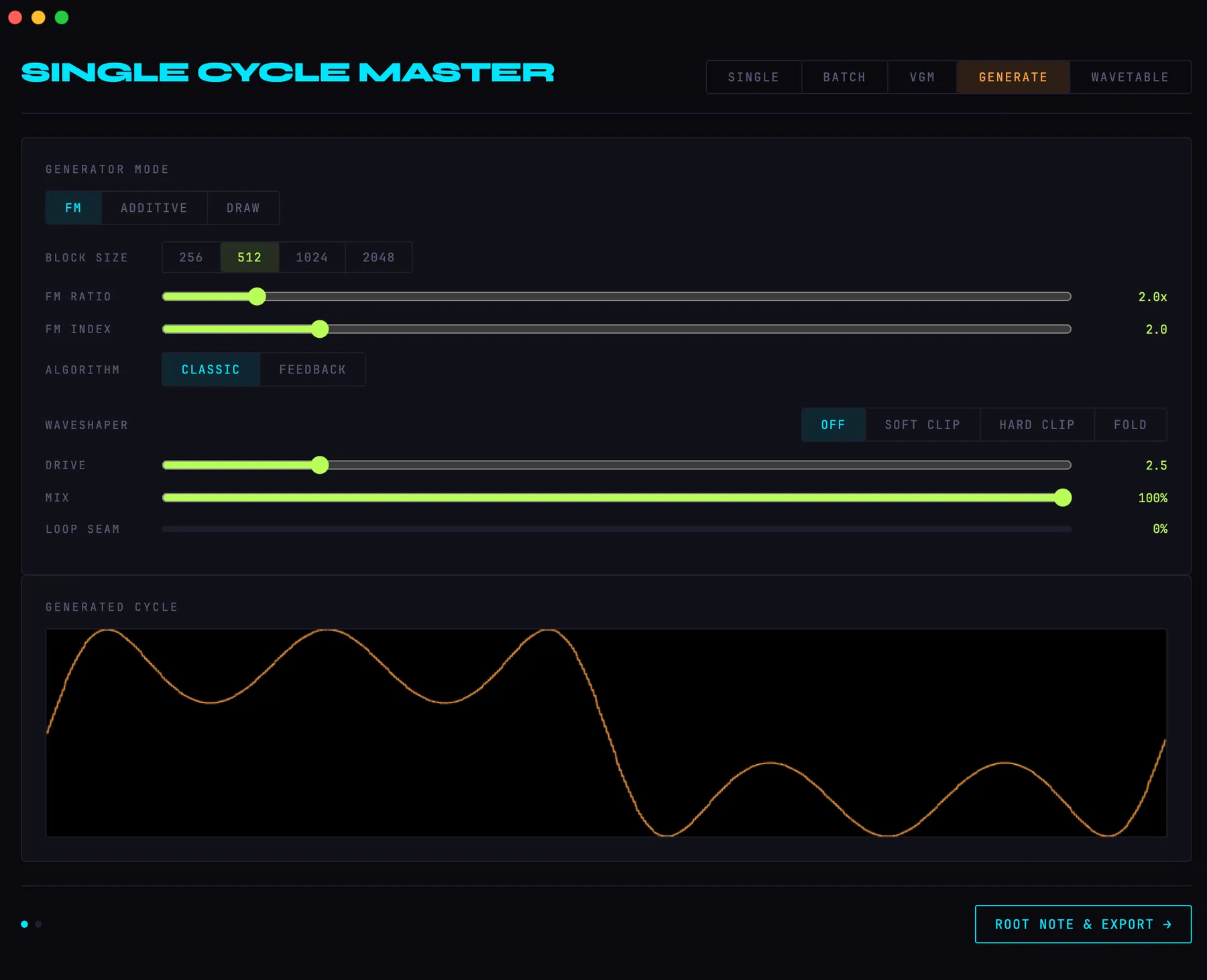The Generate tab: FM controls above an orange waveform
