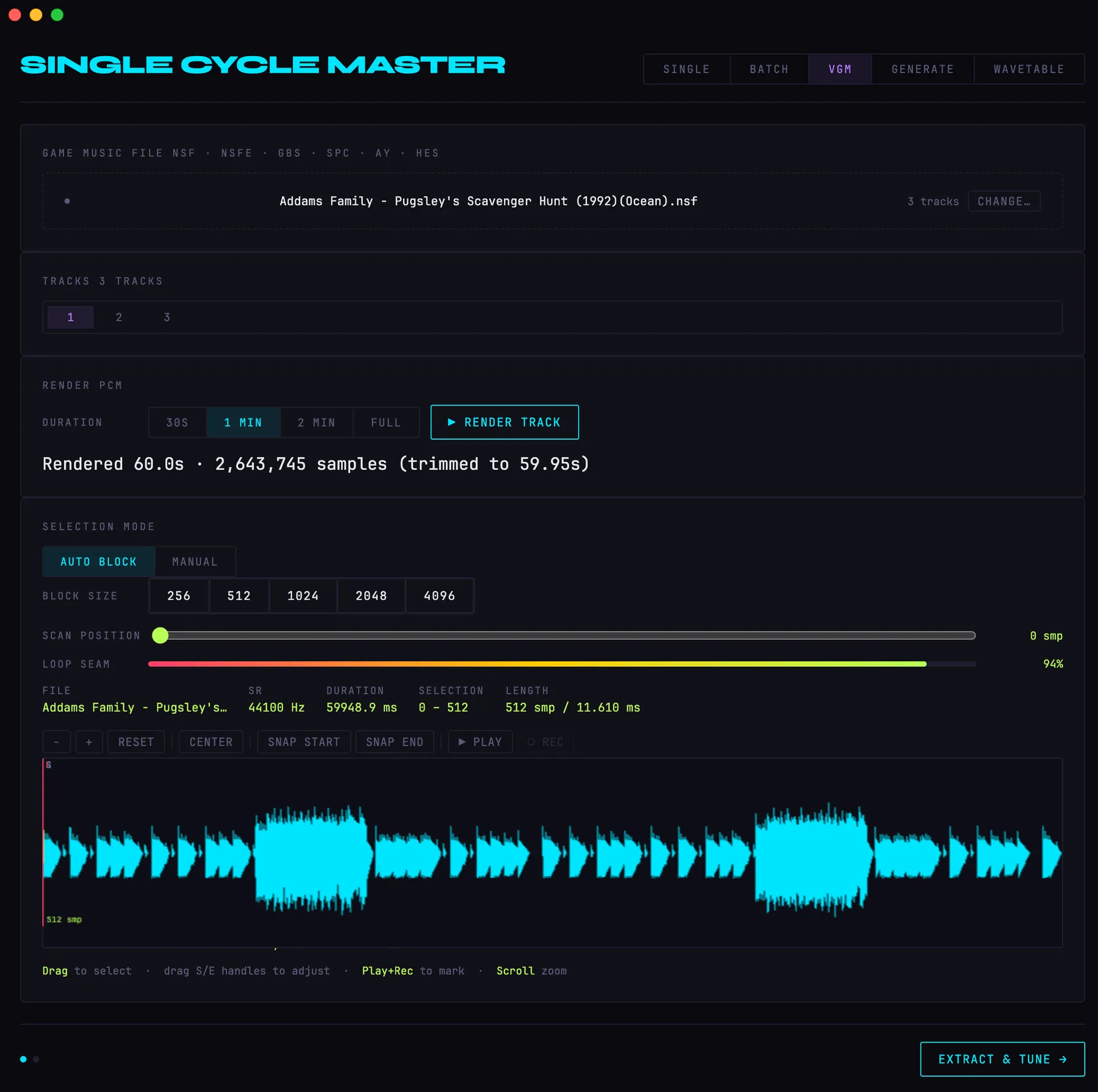 The VGM tab: a rendered NES track with a highlighted cycle