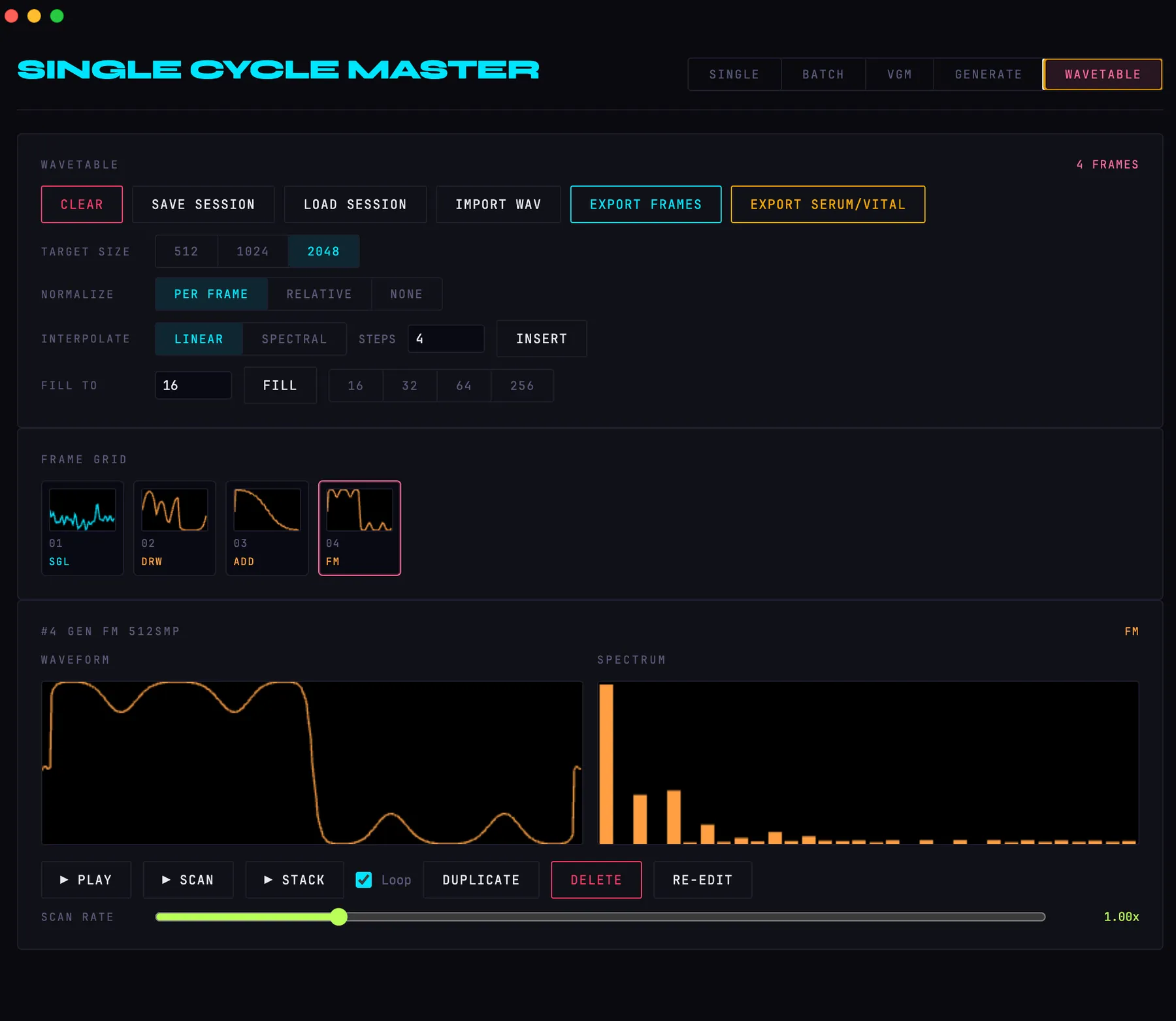 The Wavetable tab: a row of collected frames above the waveform and its spectrum