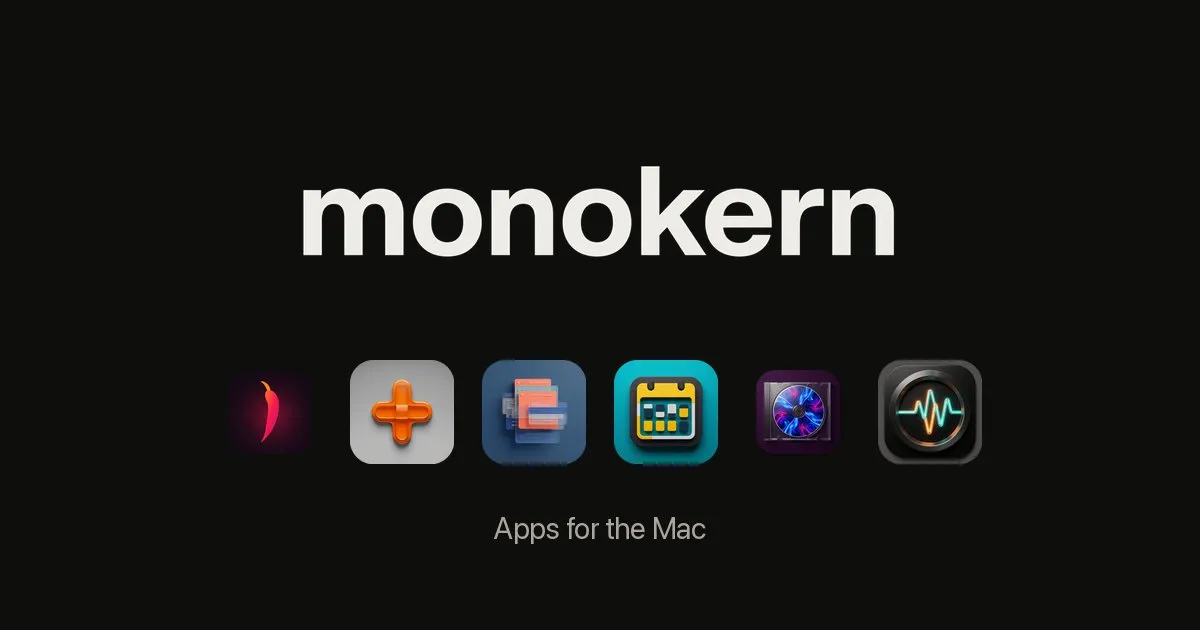The Monokern wordmark above the icons of six Monokern Mac apps