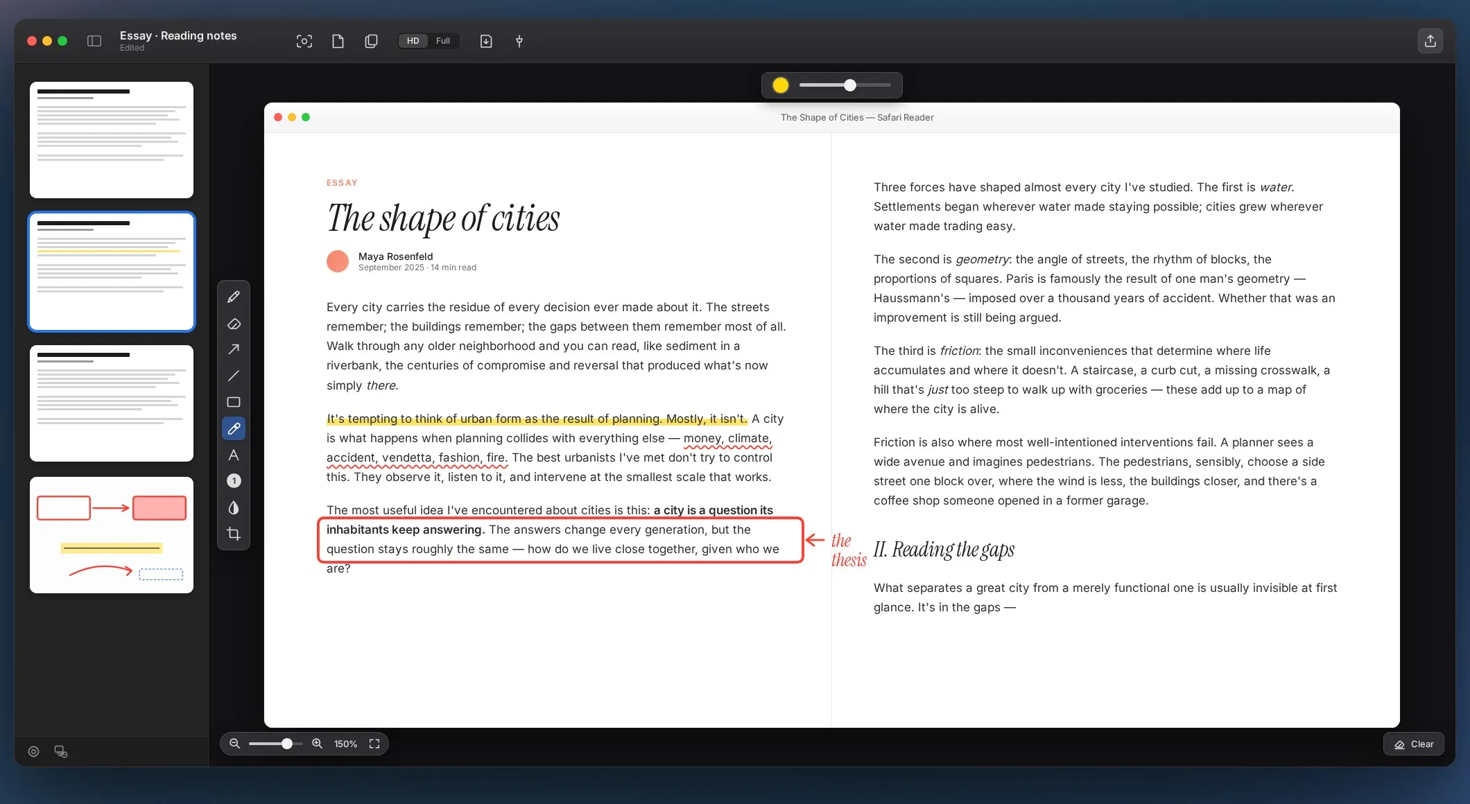 An article with highlighted passages and margin notes
