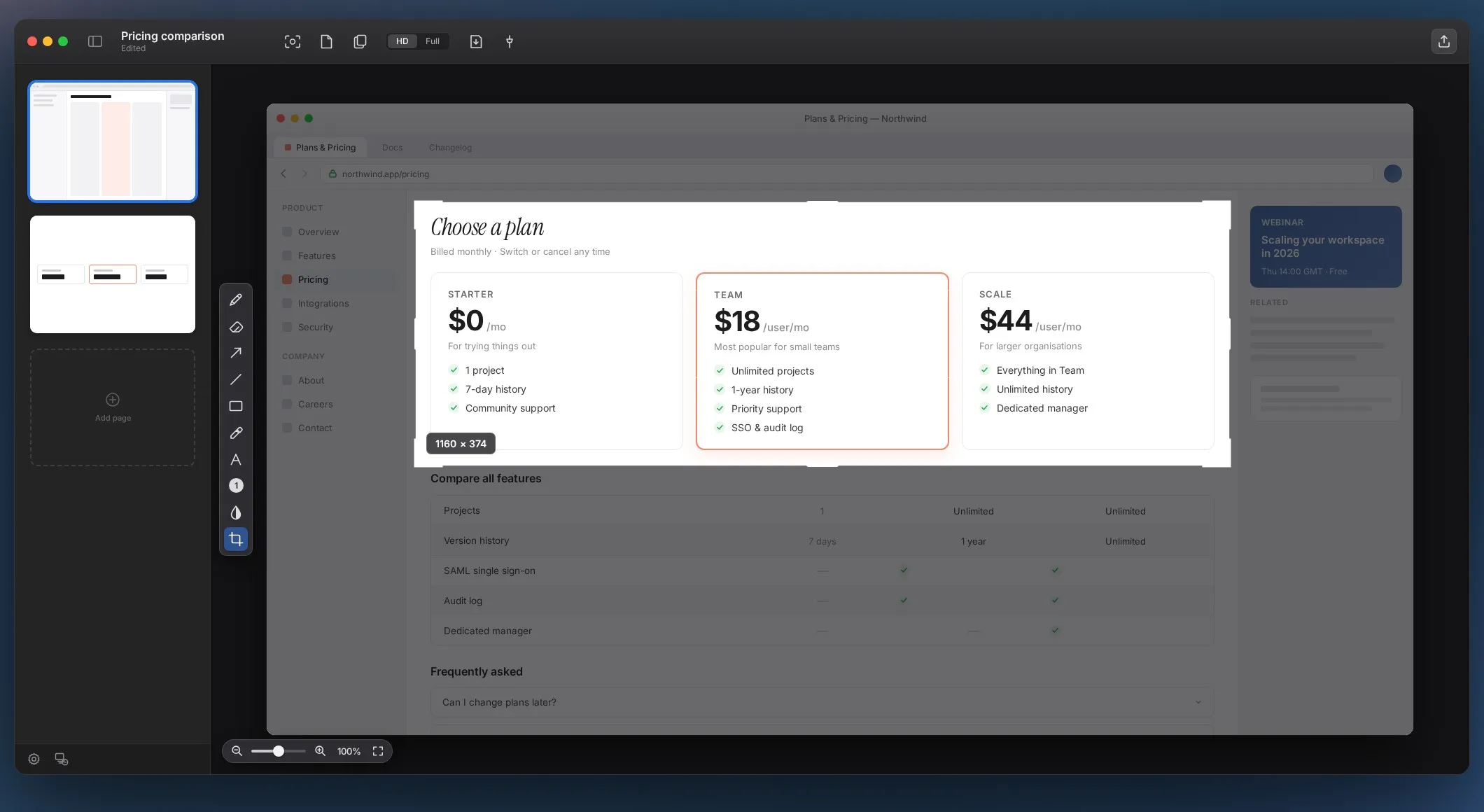 A pricing page being cropped down to the part worth sharing
