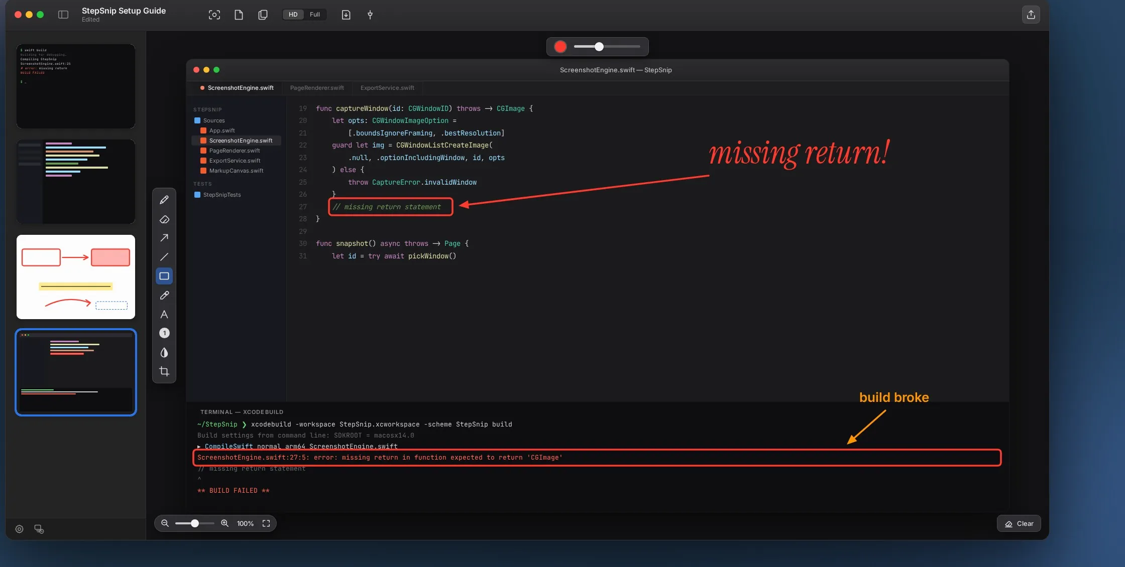 StepSnip document: page thumbnails on the left, an annotated code screenshot on the right