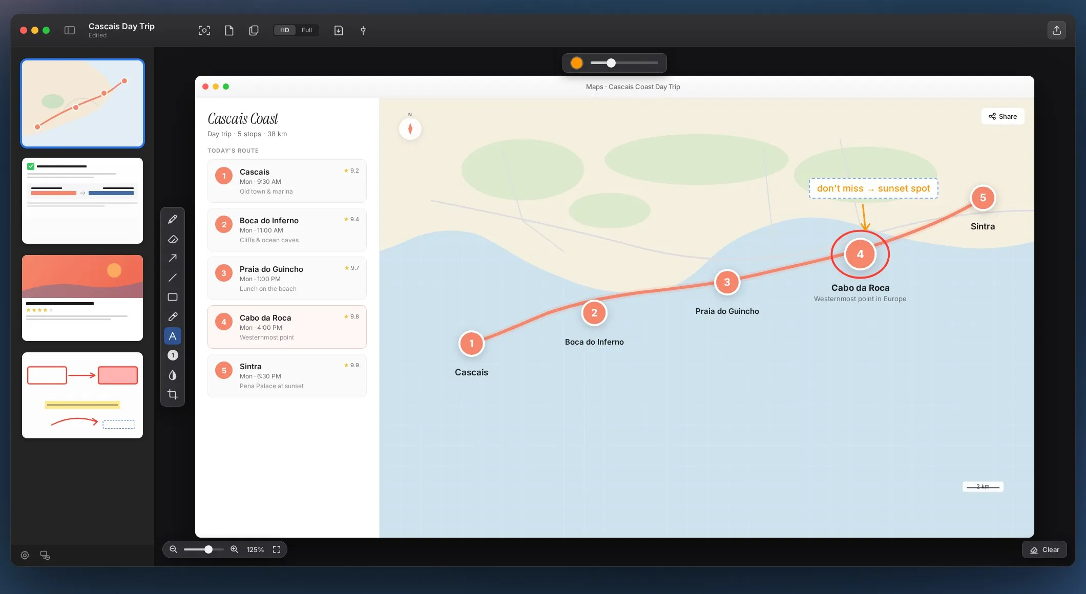 A trip map annotated with a route between stops