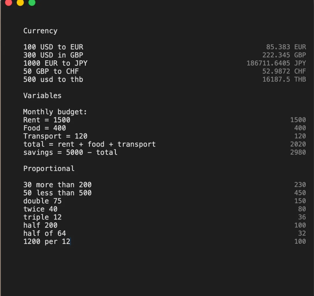 Zahl window with currency conversions, a monthly budget and proportions